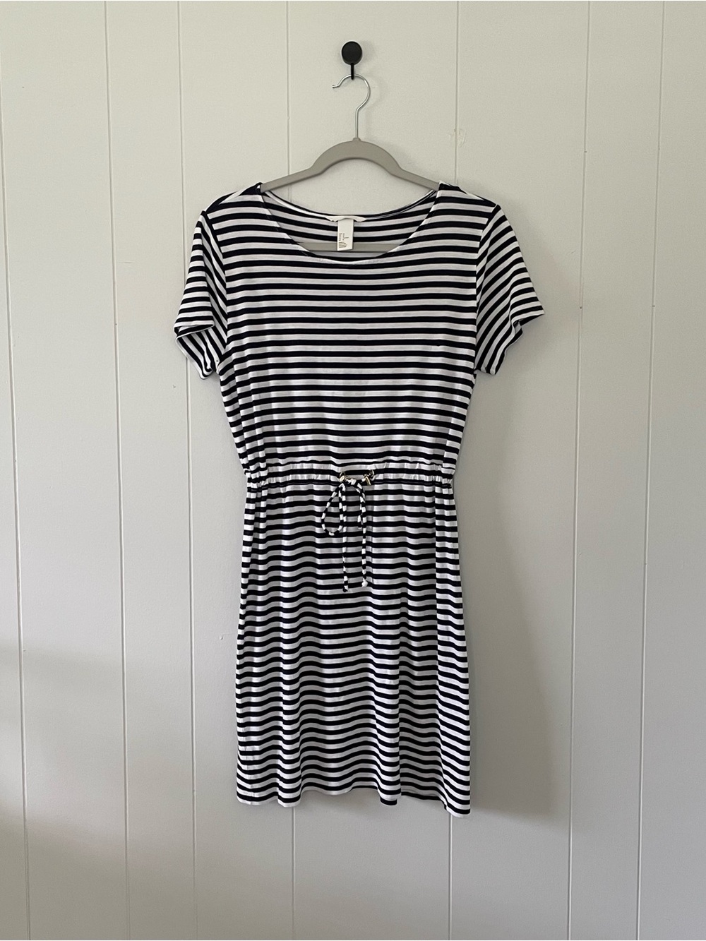 H&M Navy and White Striped Midi Drawstring Dress
